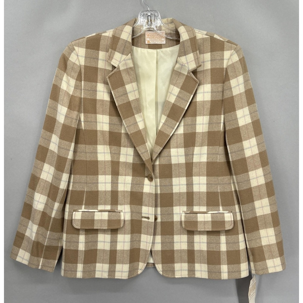 Pendleton Jacket Blazer Womens 16 Beige Plaid Virgin‎ Wool Coat Made USA NWT VTG